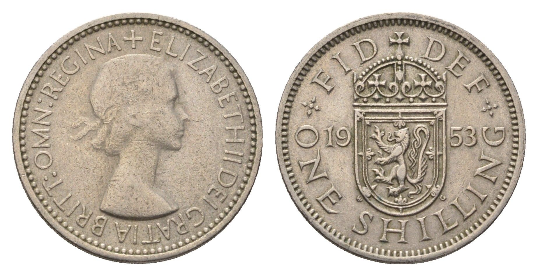 Великобритания 1 шиллинг 1953 год-тип, Елизавета II (1952-2022), Шотландский герб KM 891, Spink 4140 медно-никель 4695-743