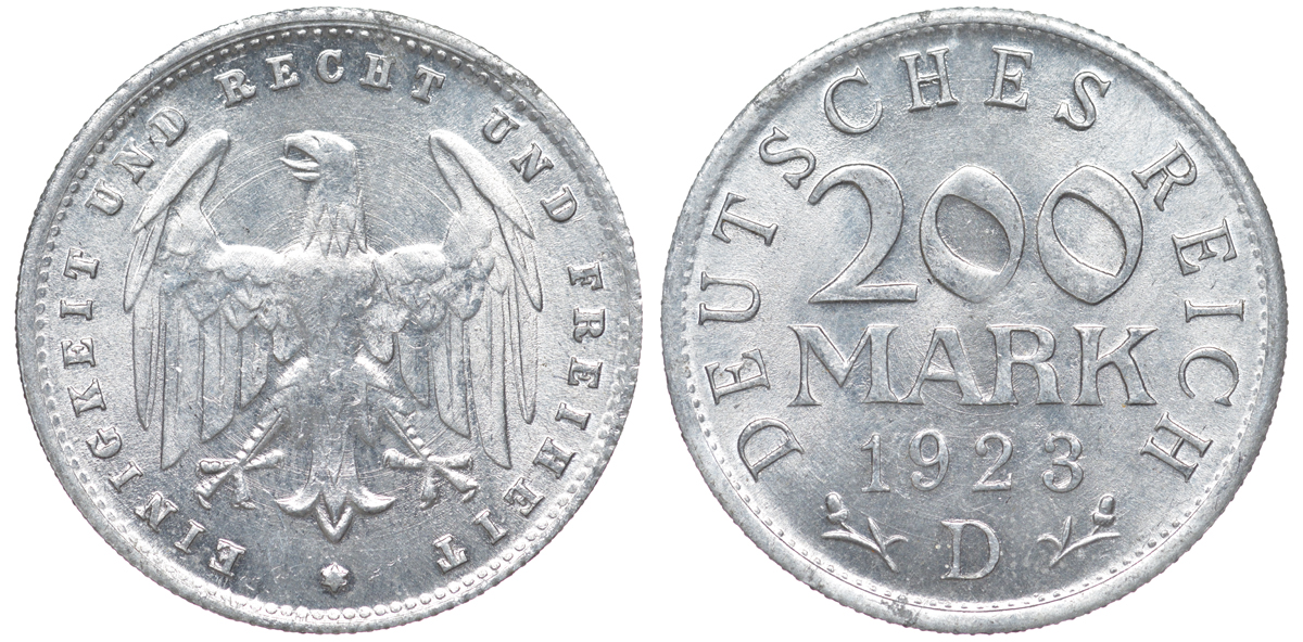Германия 200 марок 1923 D KM 35, J. 304, Weege 22 алюминий 4604-557