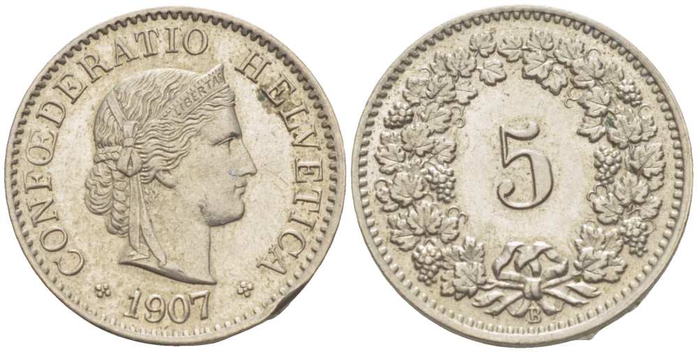 ШВЕЙЦАРИЯ 5 РАППЕНОВ 1907 В KM 26 медно-никель 3955-1125