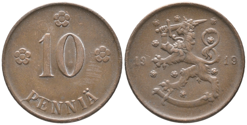 Финляндия 10 пенни 1919 KM 24 медь 28-1256