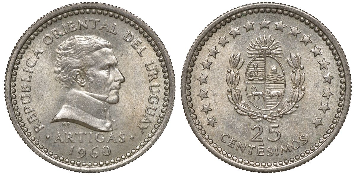 Уругвай 25 сентесимо 1960 KM 40 медно-никель 4169-934