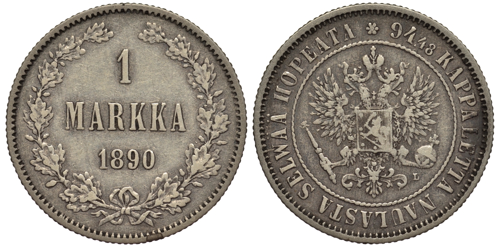 Россия для Финляндии 1 марка 1890 L, Александр III (1881-1894) KM 3.2, Биткин 230 серебро 413-4034