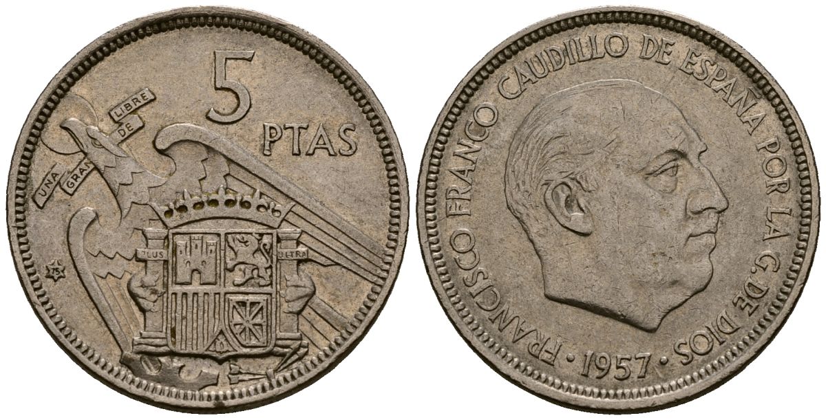 Испания 5 песет 1957 Франсиско Франко (1939-1975) KM 786 медно-никель 4176-445