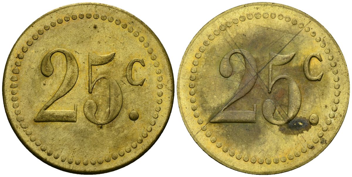 Франция 25†сантимов XIX-XX век ресторанный жетон латунь 4166-1115