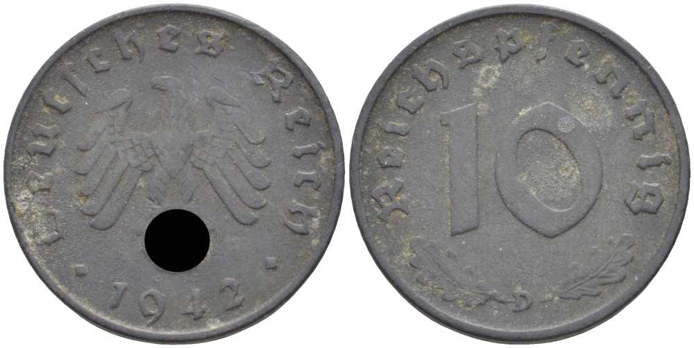 ГЕРМАНИЯ 10 РЕЙХСПФЕННИГОВ 1942 D KM 101, J. 371 цинк 4401-641