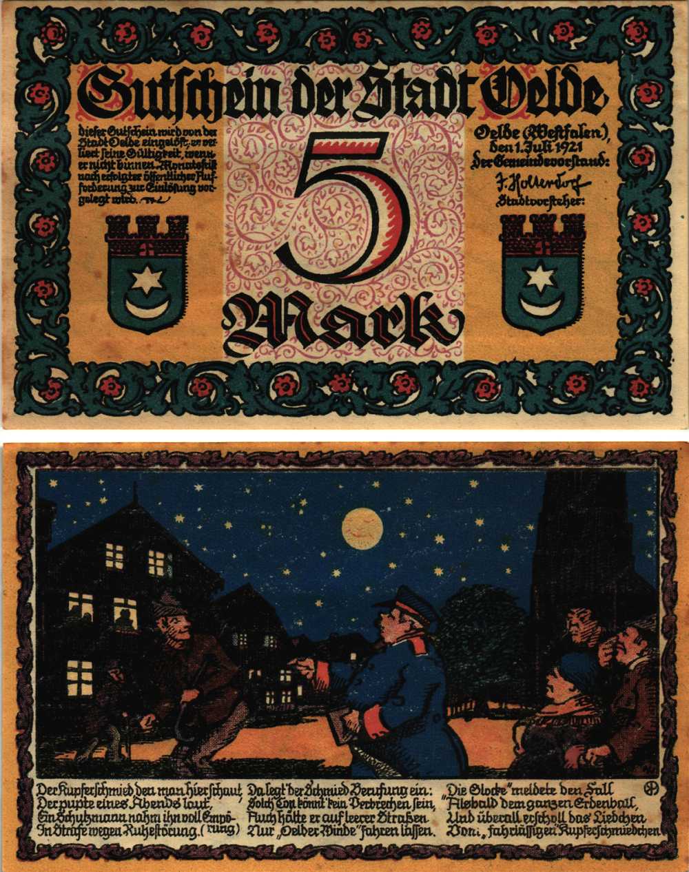 ЭЛЬДЕ 5 МАРОК 1921 НОТГЕЛЬД, 1 ИЮЛЯ 1921, ЗЕМЛЯ СЕВЕРНЫЙ РЕЙН-ВЕСТФАЛИЯ Grabowski 1007.2 бумага 8608-14-2-2