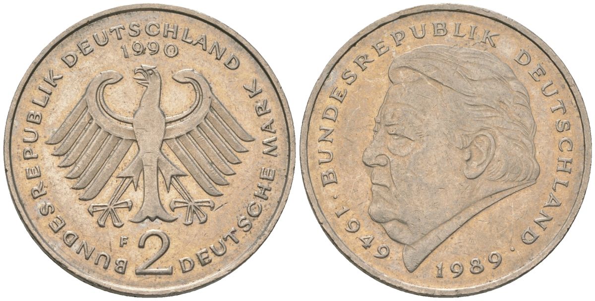 ФРГ 2 марки 1990 F, Франц Йозеф Штраус, 40 лет Федеративной Республике KM 175 медно-никель 4572-1024