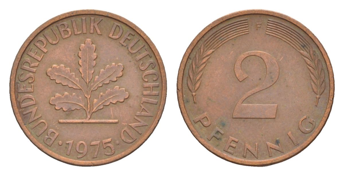 ФРГ 2 пфеннига 1975 F KM 106a, J.381a сталь плакированная медью 4630-1237