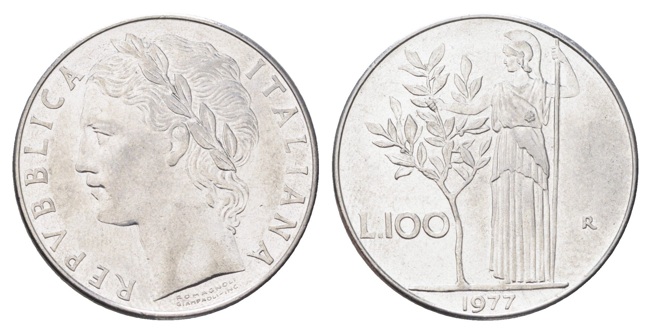 Италия 100 лир 1977 R, Афина в доспехах KM 96.1 нержавеющая сталь 4704-741
