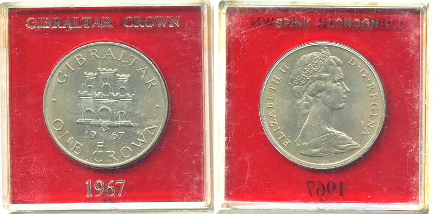 Гибралтар 1 крона 1967 Елизавета II (1952-2022), старый замок, в оригинальной пластиковой коробке, первый год чекана KM 4 медно-никель UNC 6-6-1-1