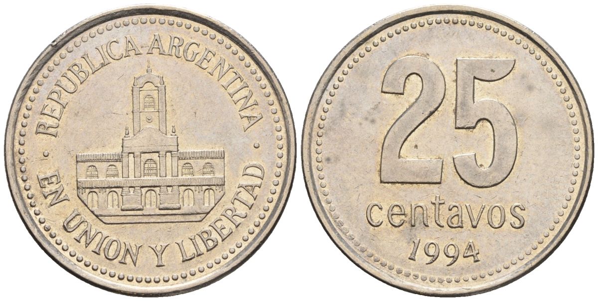 Аргентина 25 сентаво 1994 ратуша Буэнос-Айреса KM 110a, CJ 4.3.1, Schon 111a медно-никель    60-426