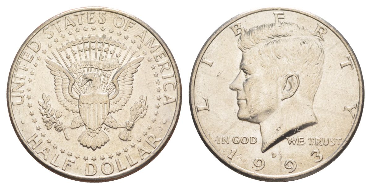 США 1/2 доллара (50 центов) 1993 D, Джон Кеннеди KM A202b медь плакированная медно-никелем aUNC 4382-444