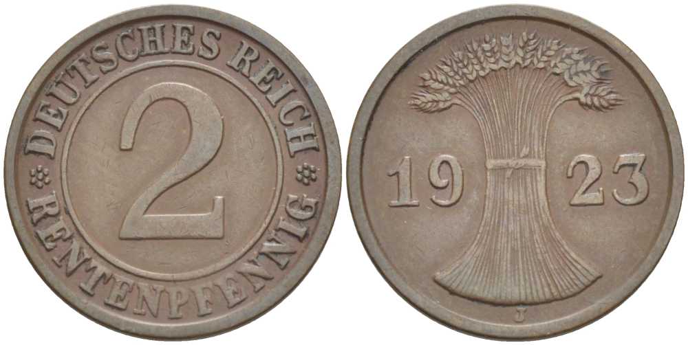 ГЕРМАНИЯ 2 РЕНТЕНПФЕННИГА 1923 J KM 31, J. 307 бронза 206-1159