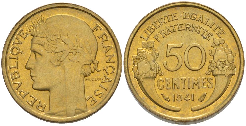ФРАНЦИЯ 50 САНТИМОВ 1941 ТИП MORLON KM 894.1, LE FRANC 192.18 алюминиевая бронза 44-616