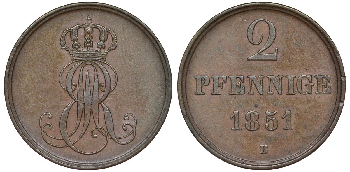 Ганновер 2 пфеннига 1851 B, Эрнст Август (1837-1851) KM 202.1, AKS 124, J. 75 медь 72-433