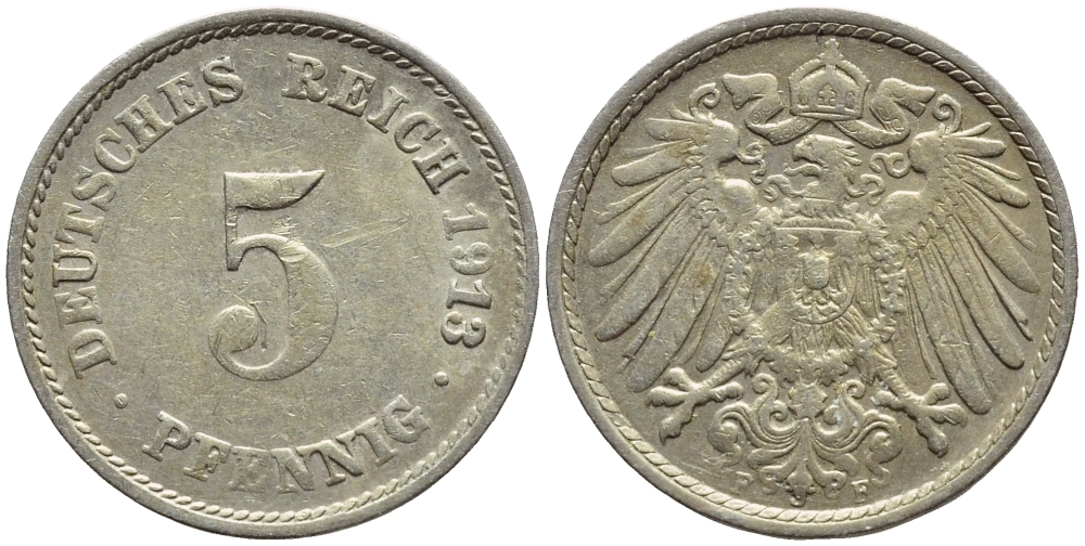 ГЕРМАНИЯ 5 ПФЕННИГОВ 1913 F, KM 11, J. 12 медно-никель 4396-263