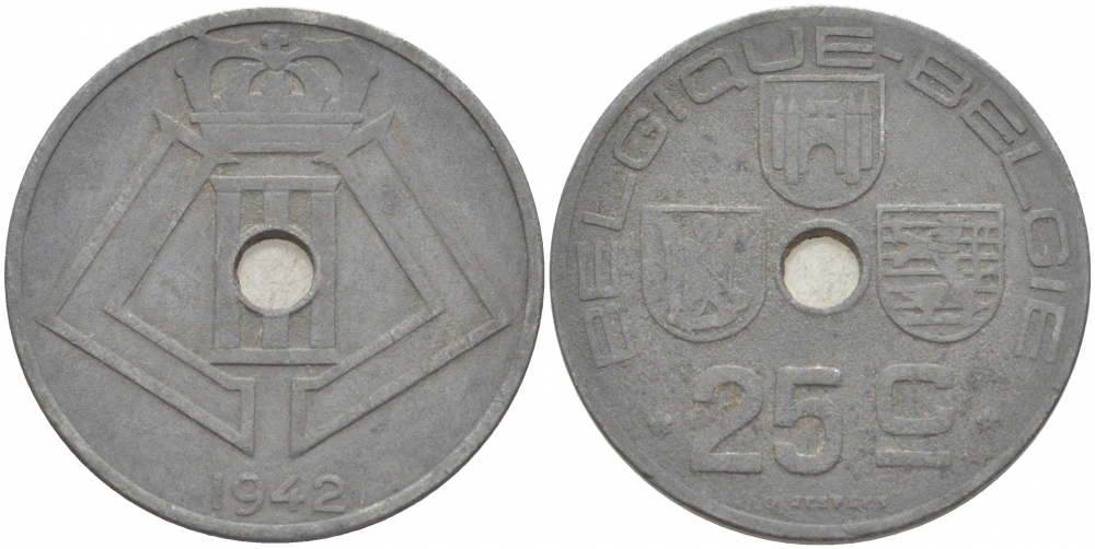 БЕЛЬГИЯ 25 САНТИМОВ 1942 BELGIQUE-BELGIE, ГЕРМАНСКАЯ ОККУПАЦИЯ, ВТОРАЯ МИРОВАЯ ВОЙНА KM 131 цинк 87-1547