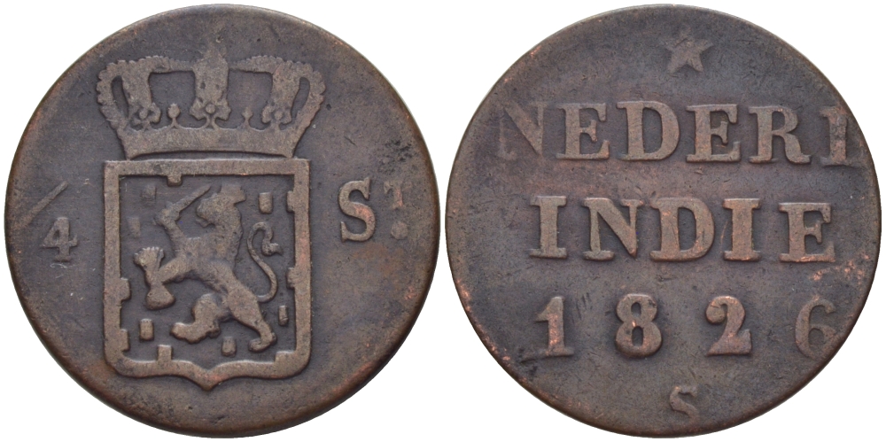 Нидерландская Восточная Индия 1/4 штюбера = 1 дуит 1826 S, Утрехт KM 287 медь 100-352