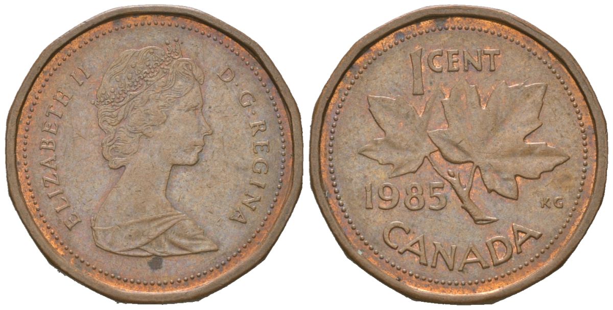 Канада 1 цент 1985 Елизавета II (1952-2022), кленовый лист KM 132 бронза 4617-918