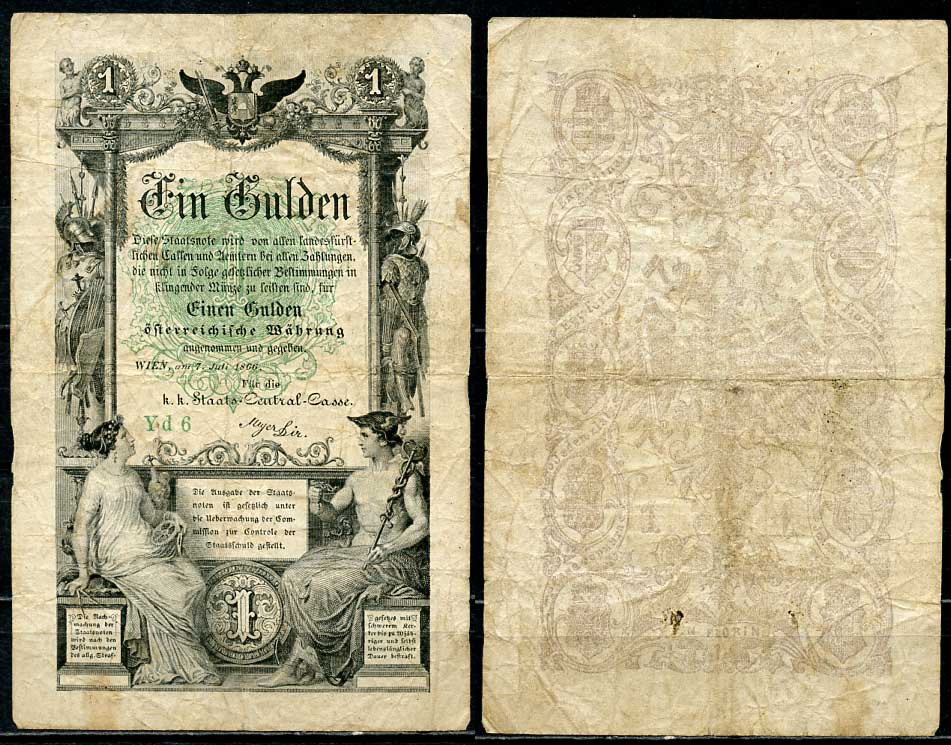 Австрия 1 гульден 1866 аллегорическая женщина, Меркурий Pick A150  бумага   451-674-2