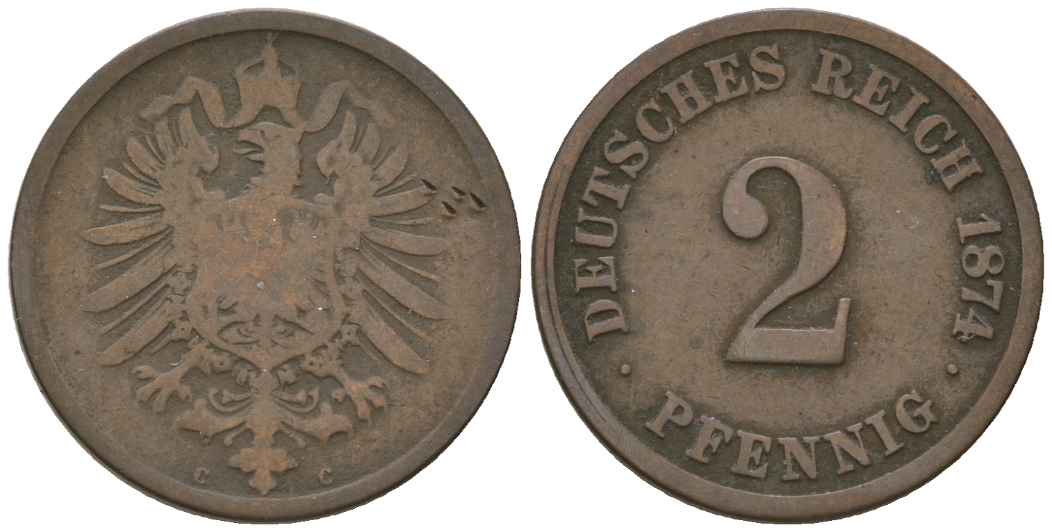 Германия 2 пфеннига 1874 A, старогербовка KM 2, J.2 медь 4625-116