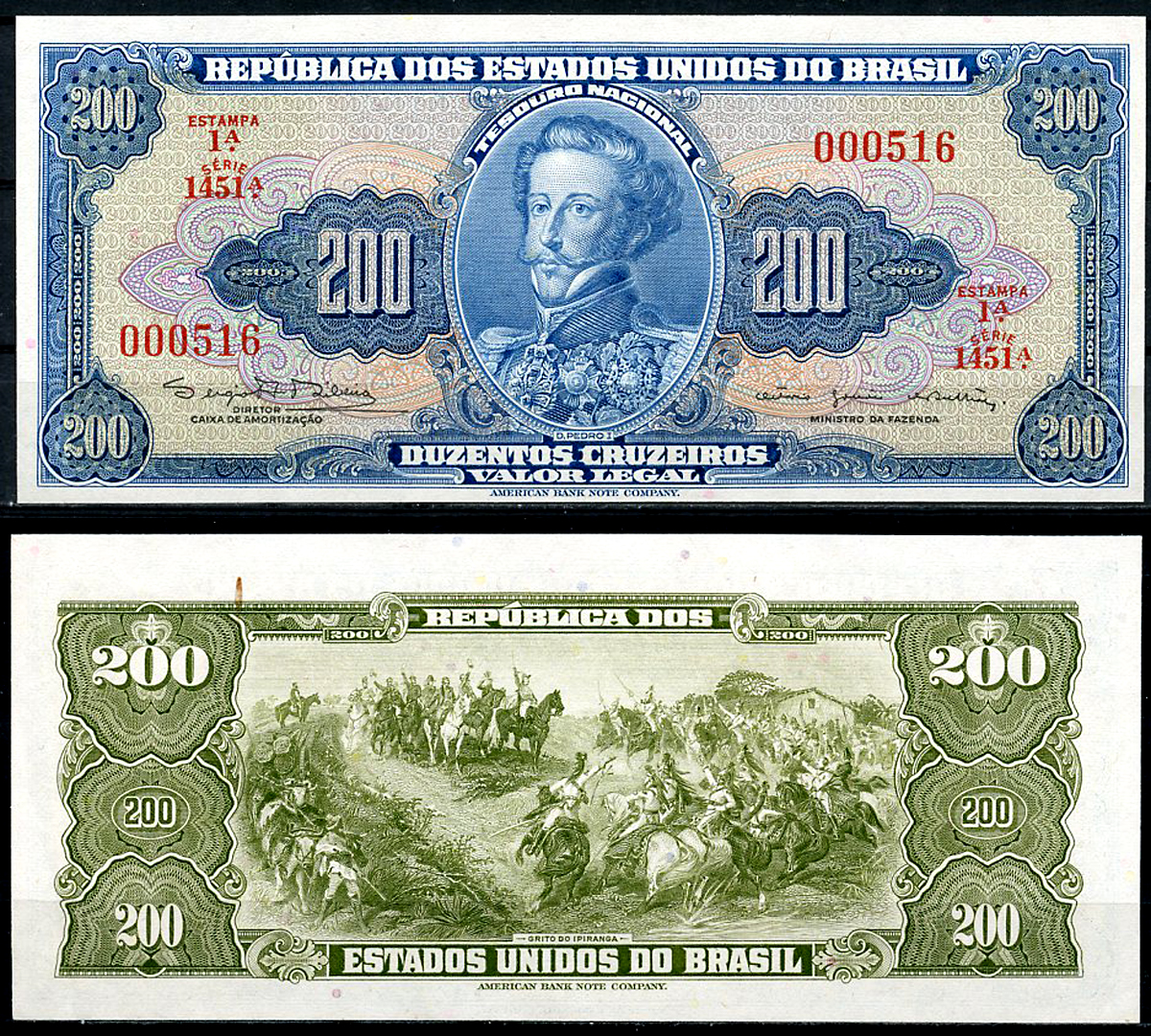 Бразилия 200 крузейро ND (1964) Император Педру I, битва при Ипиранге, серия 1451 Pick 171 c  бумага  аUNC  00-00