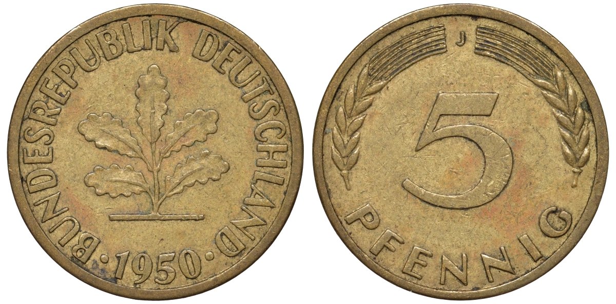 ФРГ 5 пфеннигов 1950 J KM 107, J.382 сталь плакированная латунью 4174-521