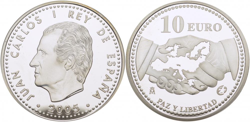 Испания 10 евро 2005 M, 60 лет миру и свободе в Европе KM 1065 серебро PROOF 01-166-24