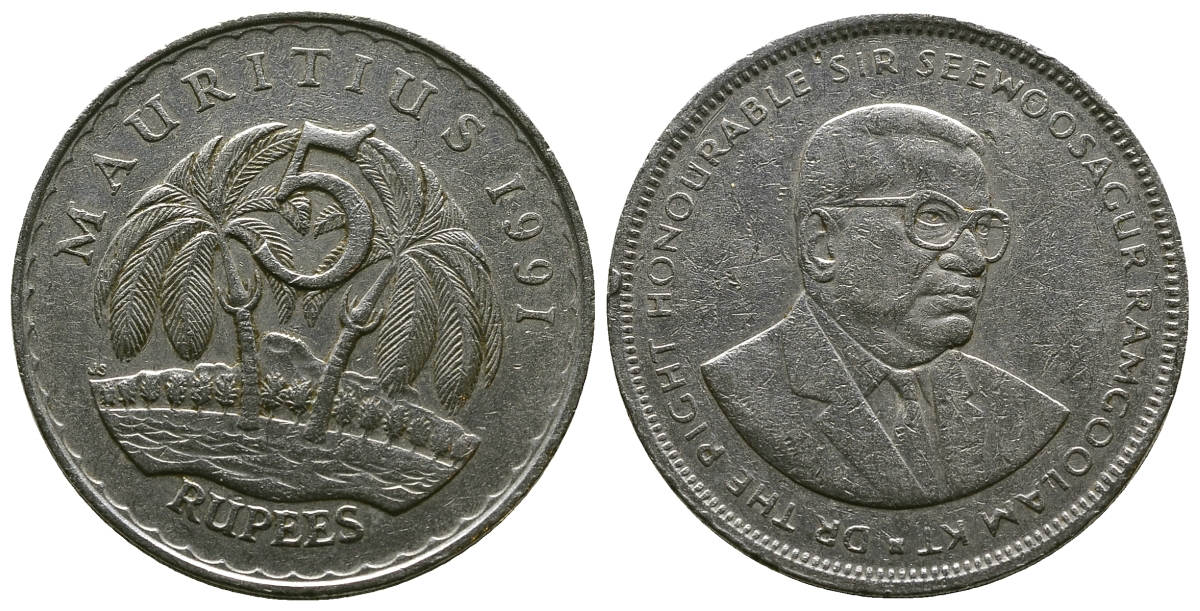 Маврикий 5 рупий 1991 Сивусагур Рамгулам KM 56 медно-никель 4381-216