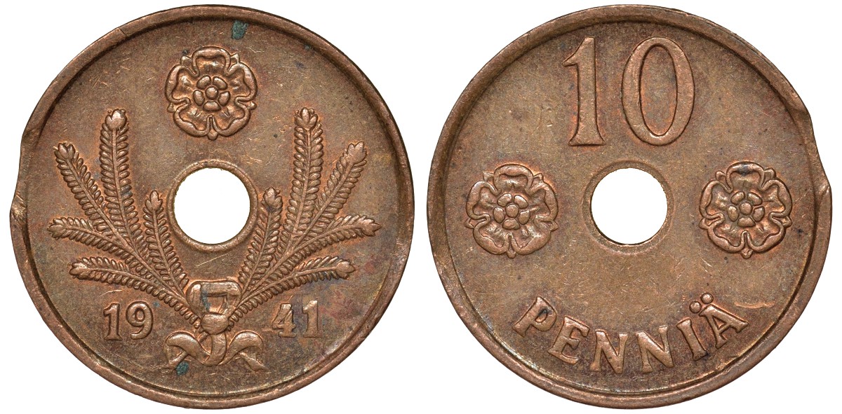 Финляндия 10 пенни 1941 брак заготовки, выкус KM 33.1 медь 51-3514
