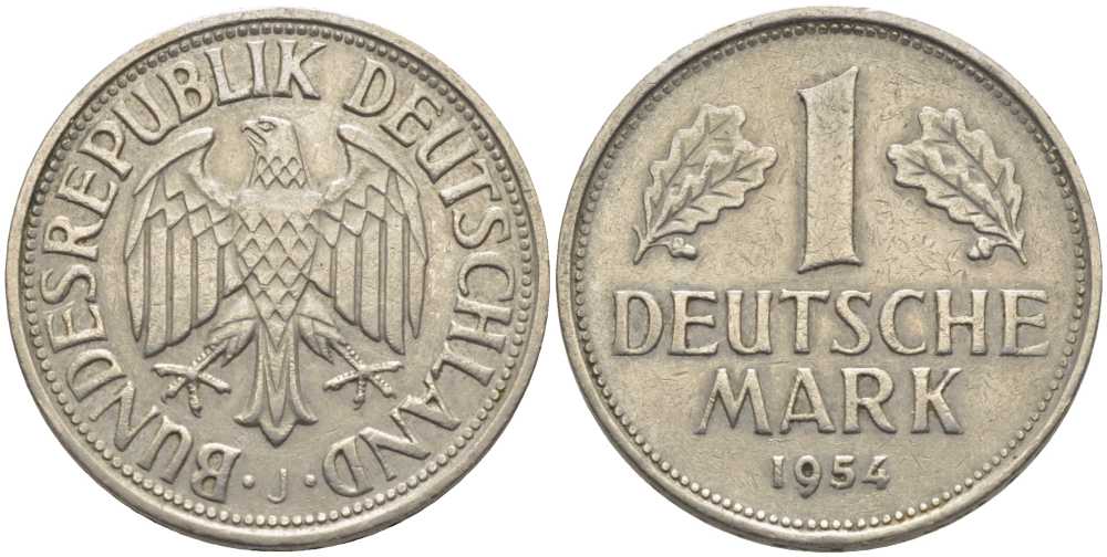 ФРГ 1 МАРКА 1954 J KM 110, J. 385 медно-никель 113-553