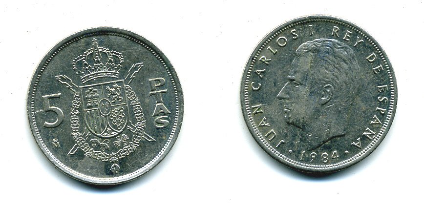 ИСПАНИЯ 5 ПЕСЕТ 1984 ХУАН КАРЛОС I (1975-) KM 823 медно-никель 51-4536