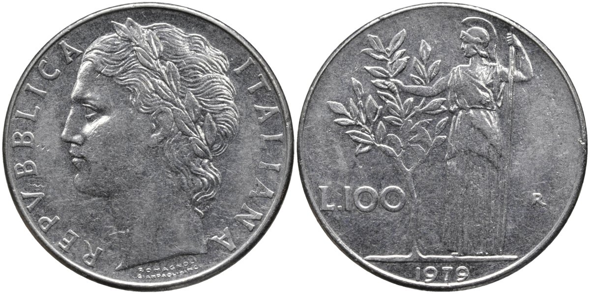 Италия 100 лир 1979 R, Афина в доспехах KM 96.1 нержавеющая сталь 4165-232
