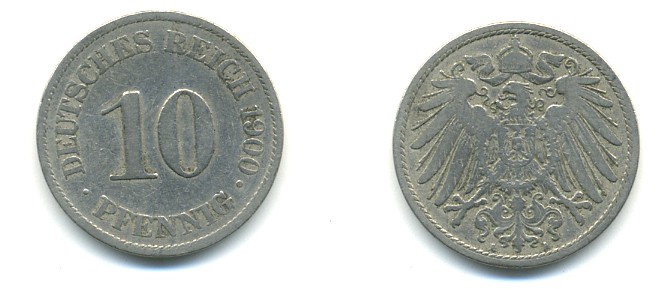 Германия 10 пфеннигов 1900 A KM 12, J. 13 медно-никель 4379-832