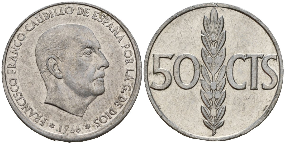 Испания 50 сентимо 1966 (73) Франсиско Франко (1939 - 1975) KM 822 алюминий 4154-734