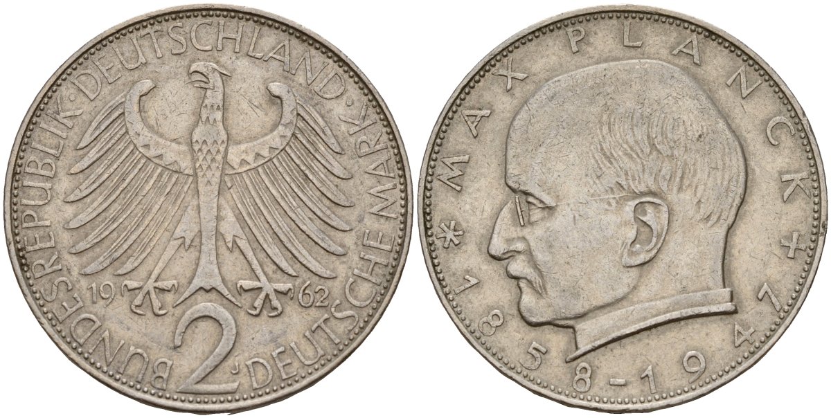 ФРГ 2 марки 1962 J, Макс Планк KM 116, J. 392 медно-никель плакированный никелем 4187-1122