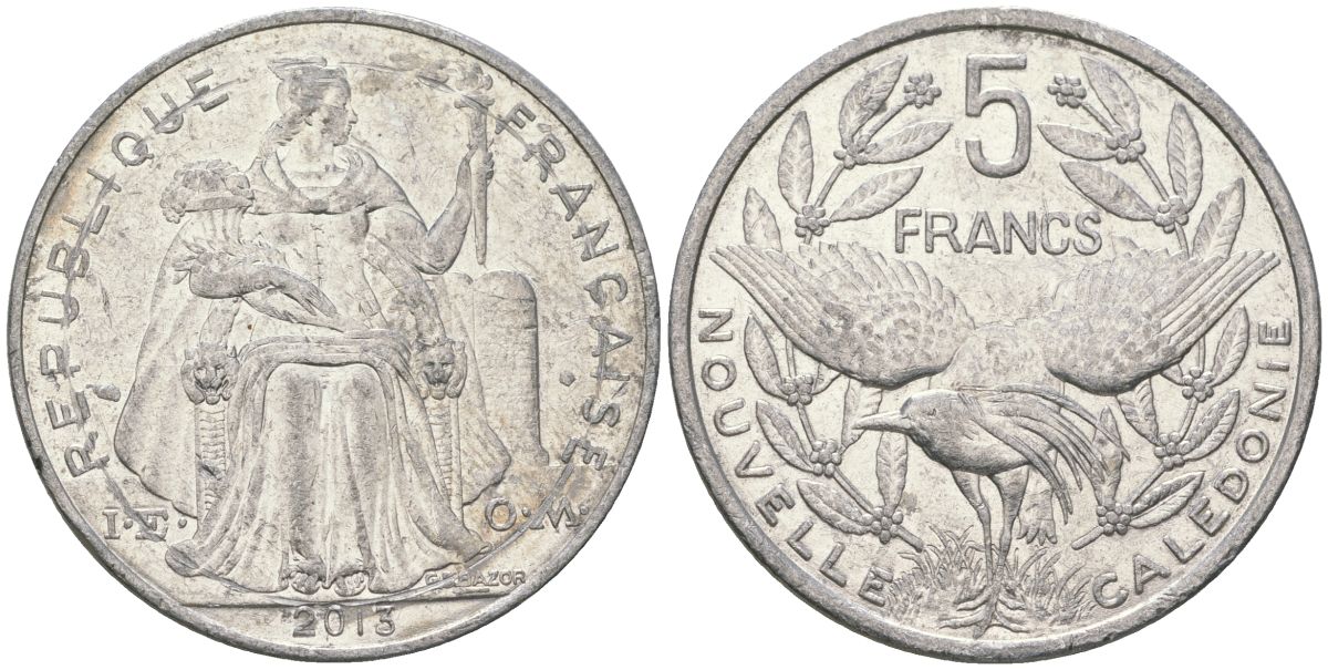 Французская Новая Каледония 5 франков 2013 птица кагу, (IEOM) KM 16, Schoen 12, Lec 81k алюминий 4111-1242