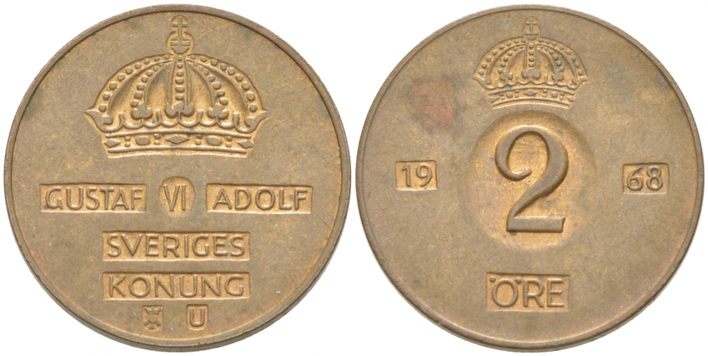 Швеция 2 эре 1968 Густав VI Адольф (1950-1973) KM 821 бронза 77-512