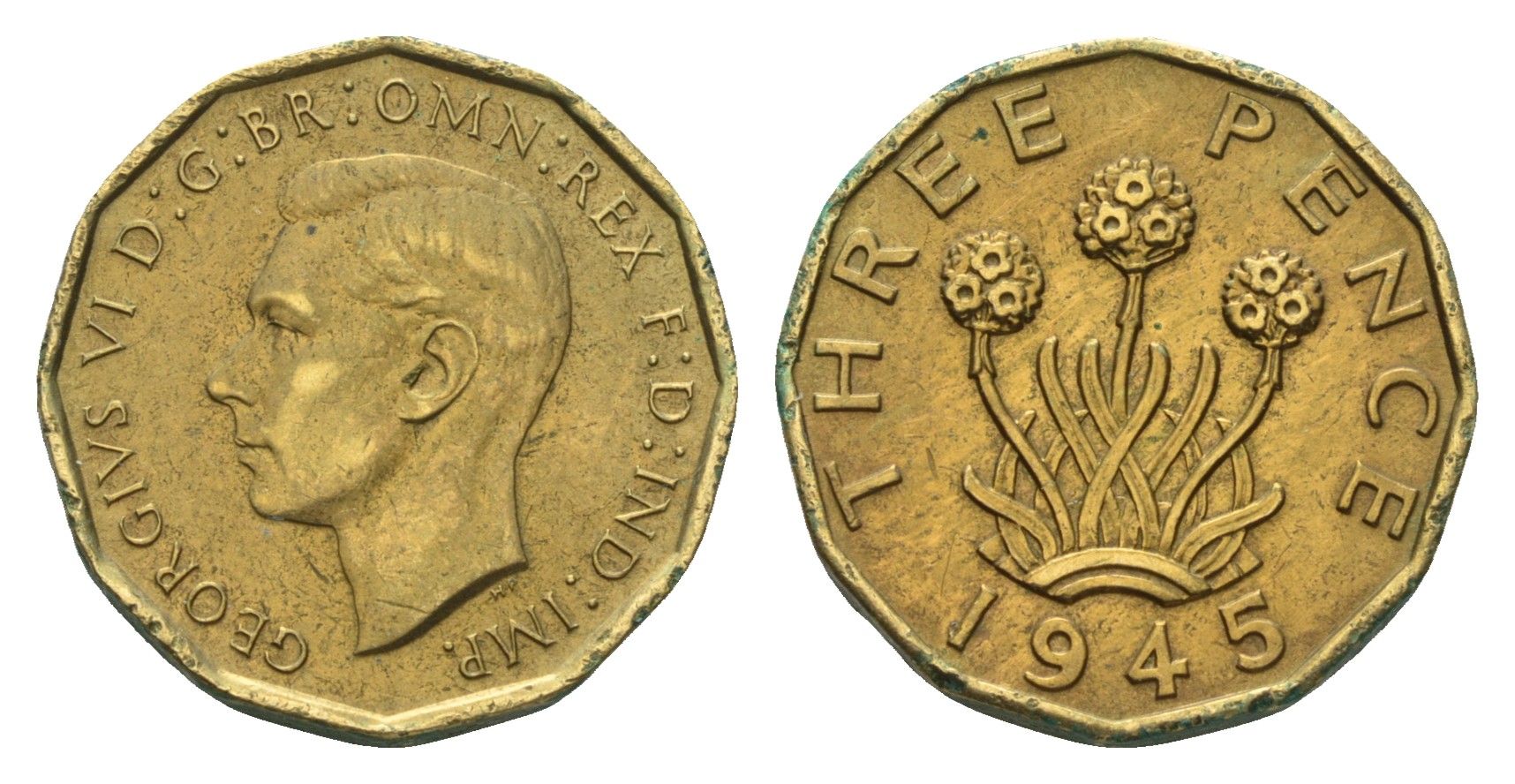 Великобритания 3 пенса 1945 Георг VI (1936-1952) KM 849, Spink 4112 никель латунь 77-424