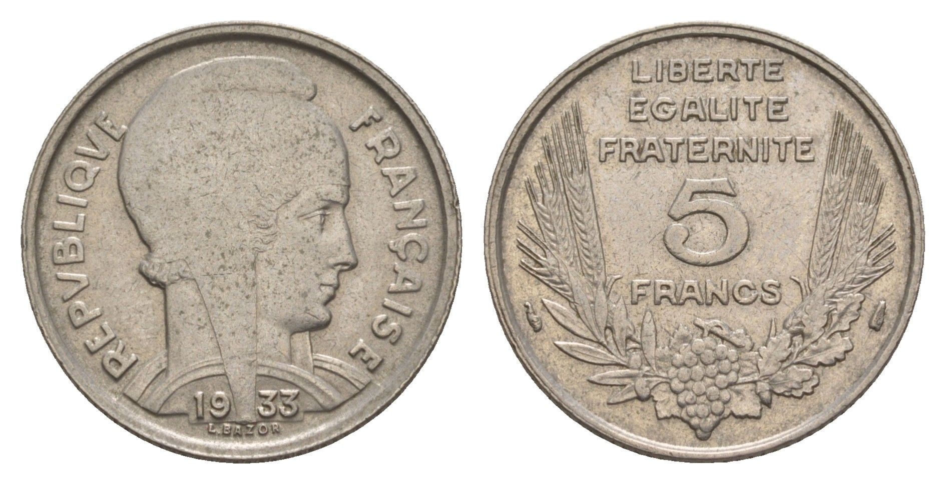 Франция 5 франков 1933 год-тип KM 887 никель 4660-242