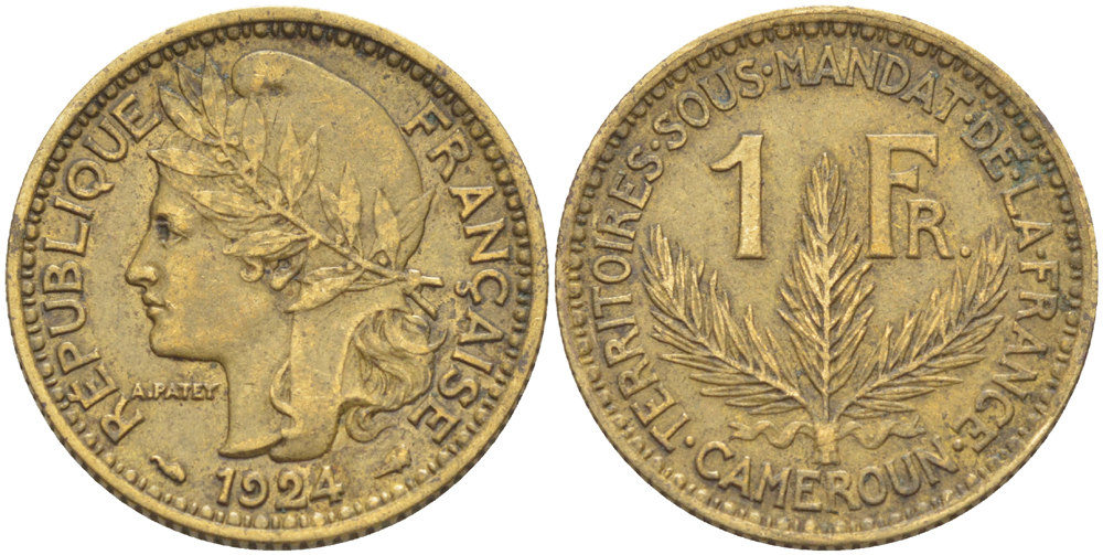 Французский Камерун 1 франк 1924 (а), монетный двор Париж KM 2 алюминиевая бронза 4610-843
