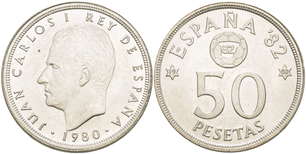 Испания 50 песет 1980 (80) чемпионат мира по футболу в Испании 1982 года, Хуан Карлос I ( 1975-) KM 8 19 медно-никель UNC 4185-826