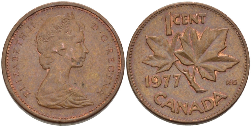 Канада 1 цент 1977 Елизавета II (1952-2022), кленовый лист KM 59.1 бронза 84-936