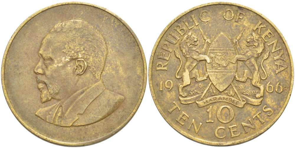 Кения 10 центов 1966 Джомо Кениата KM 2 никель латунь 4512-234