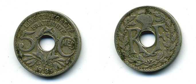 ФРАНЦИЯ 5 САНТИМОВ 1935 ТИП ЛИНДАЙЁ KM 875 медно-никель 84-315