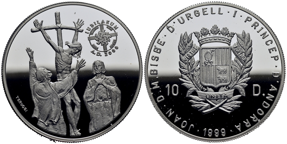 Андорра 10 динеров 1999 серия миллениум, распятие Иисуса Христа KM 162 серебро PROOF 11-153-35
