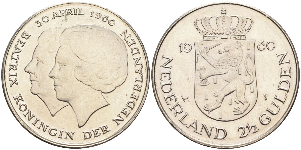 Нидерланды 2 1/2 гульдена 1980 коронация Беатрикс, 30 апреля 1980 KM 201 никель 4593-614
