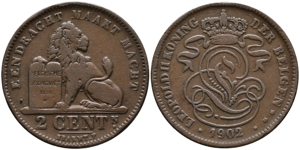 БЕЛЬГИЯ 2 САНТИМА 1902 BELGEN KM 36 медь 4391-655
