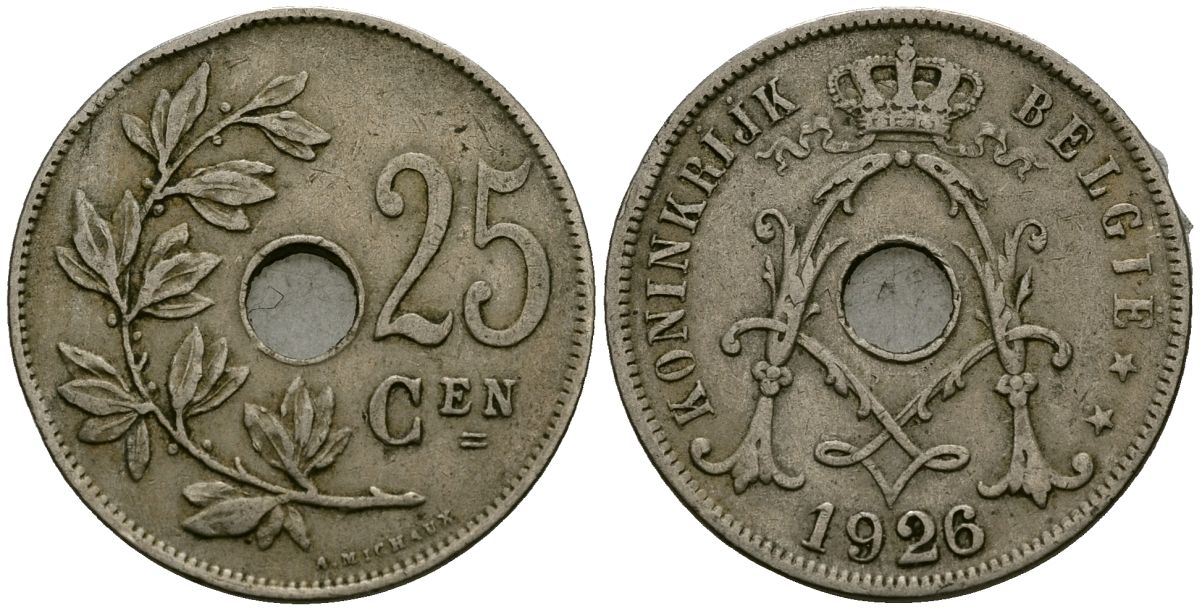 Бельгия 25 сантимов 1926 Belgie KM 69 медно-никель 4165-924