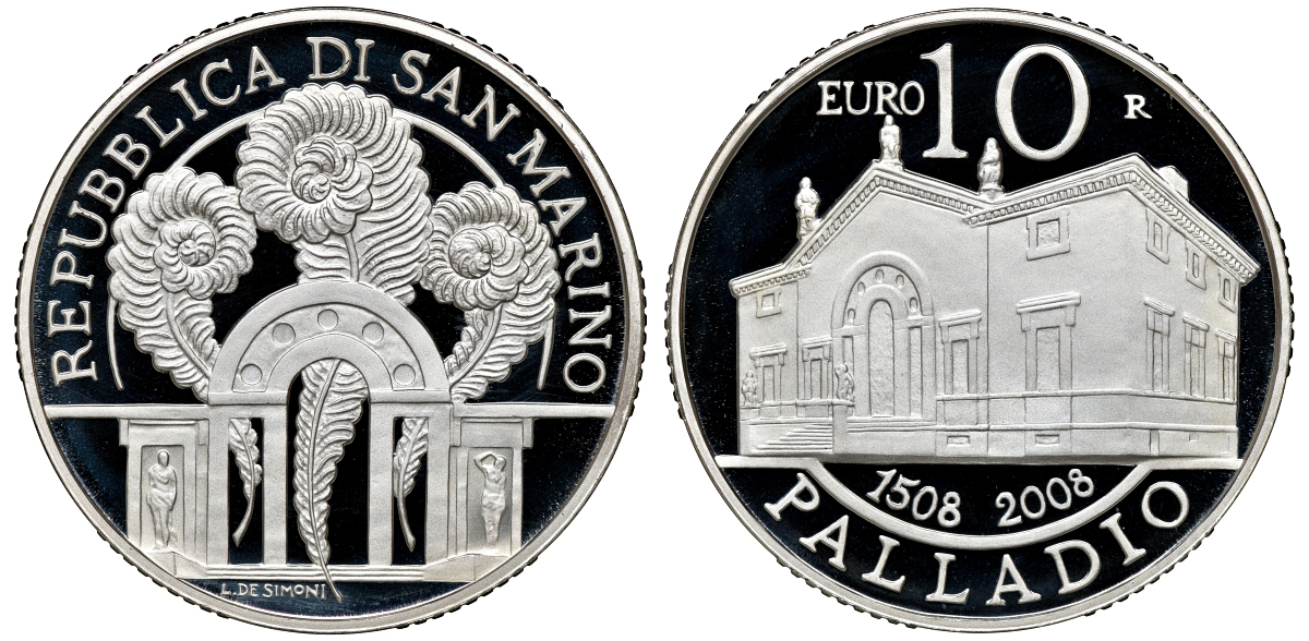 Сан-Марино 10 евро 2008 500 лет Андреа Палладио, в оригинальной коробке, сертификат KM 514 серебро PROOF 4-3-4-37